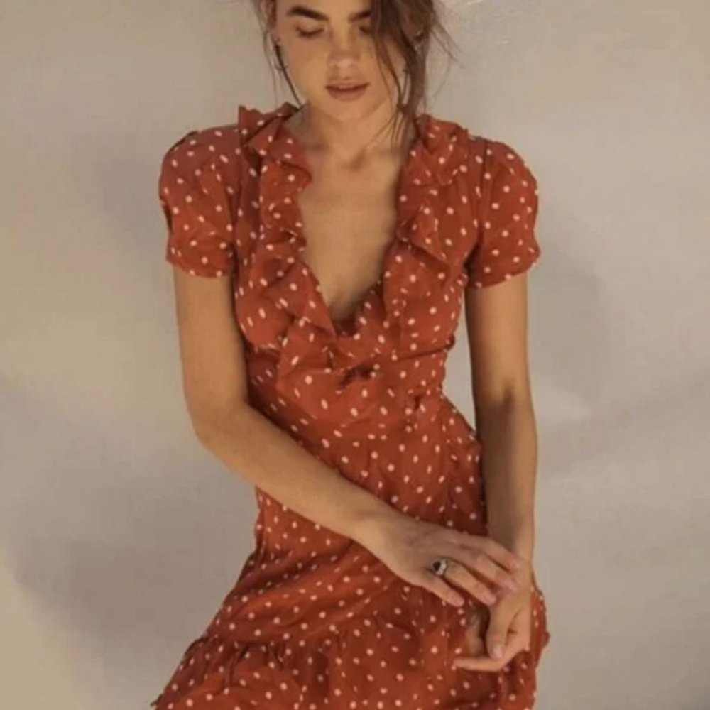 Realisation Par 100% Silk Brown Polka Dot‎ Ruffle Wrap Dress Size XS Valentina - Picture 2 of 11